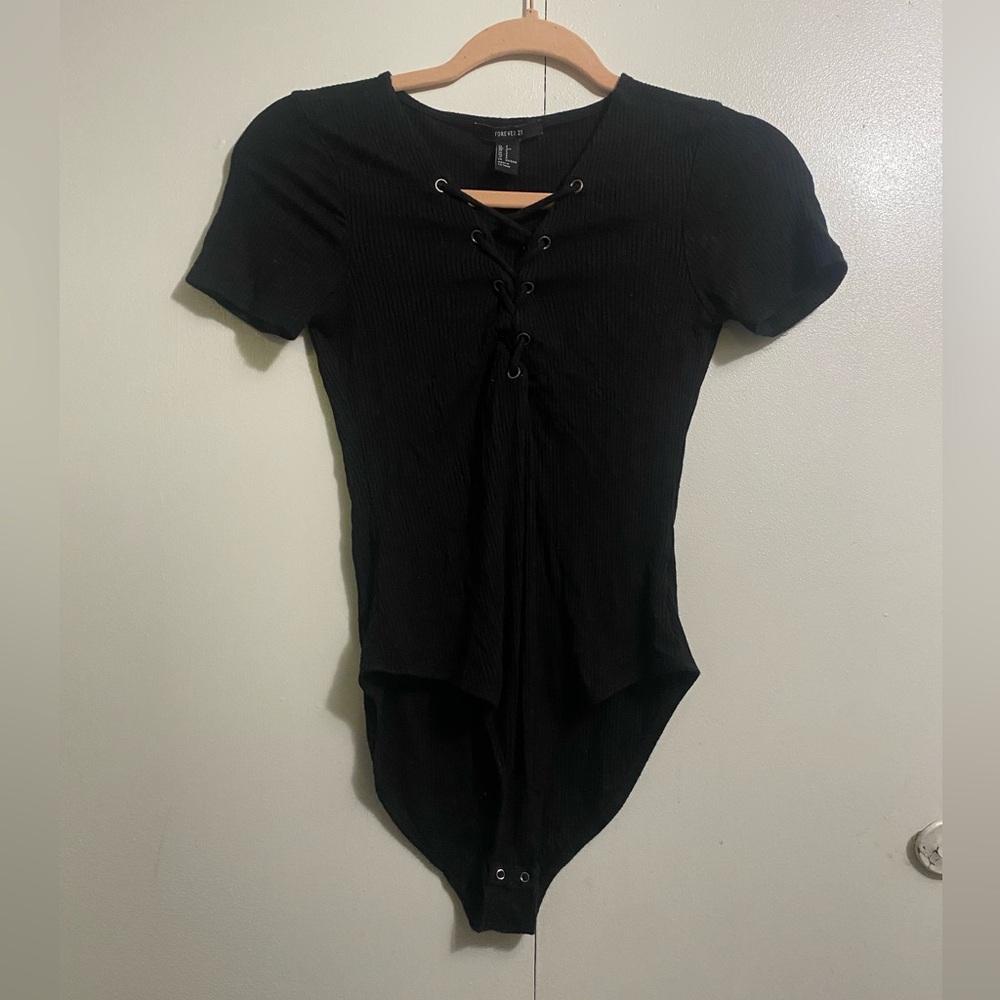 Forever 21 Black Ribbed Lace-Up Bodysuit